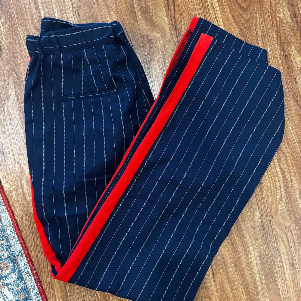 Navy Pinstripe Pants with Red Stripe